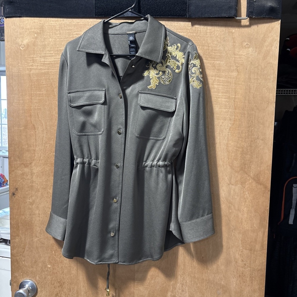 Chico's Jacket Shacket Size 1/ MediumMoss Green Gold NEW Black Label Embellished